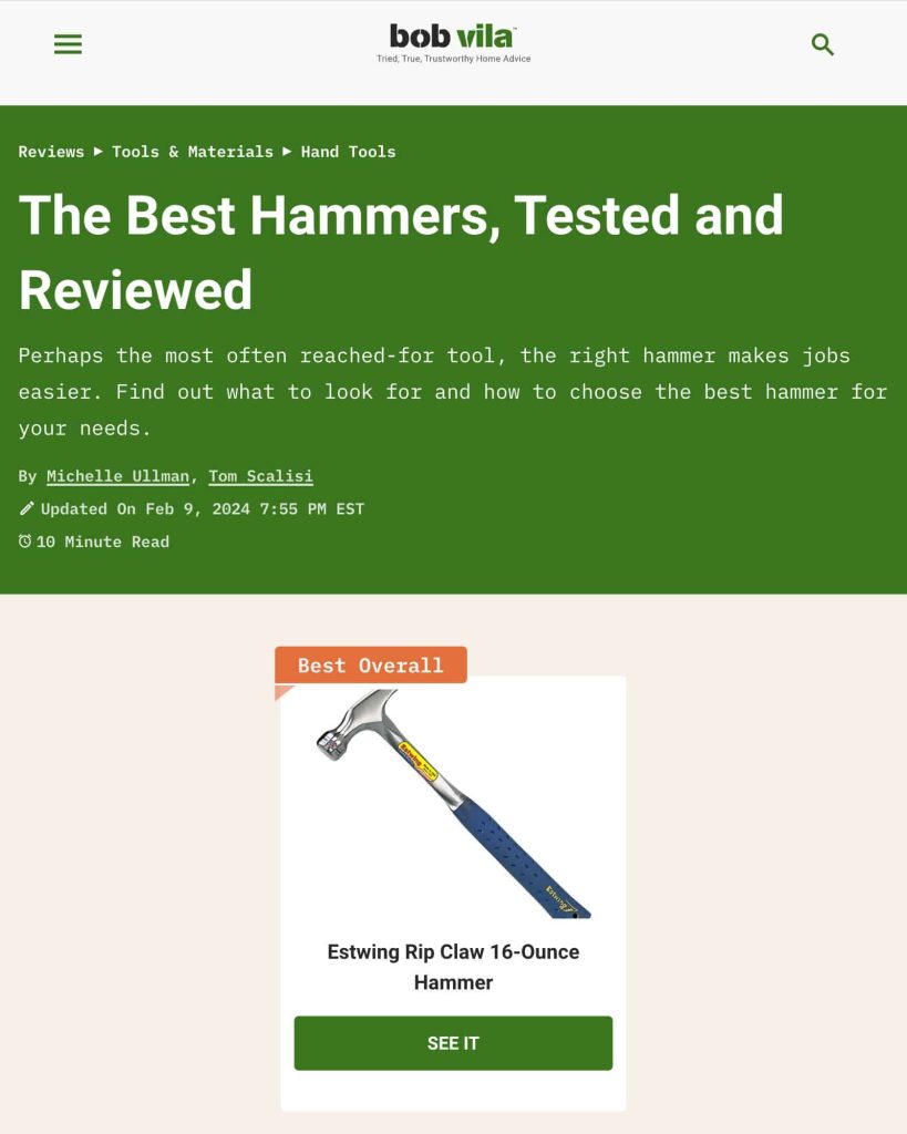 Bob Vila website review page for "The Best Hammers, Tested and Reviewed"